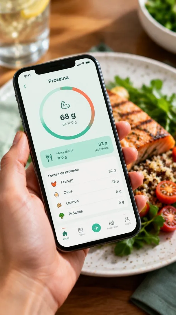 Celular mostrando a proteína do prato ao lado de uma refeição